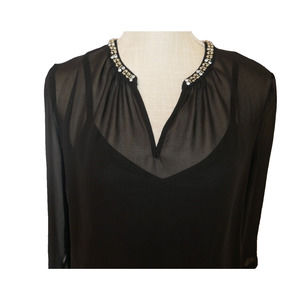 Liz Claiborne 3/4-Sleeve Embellished V- Neck Black Sheer Blouse and slip Size S